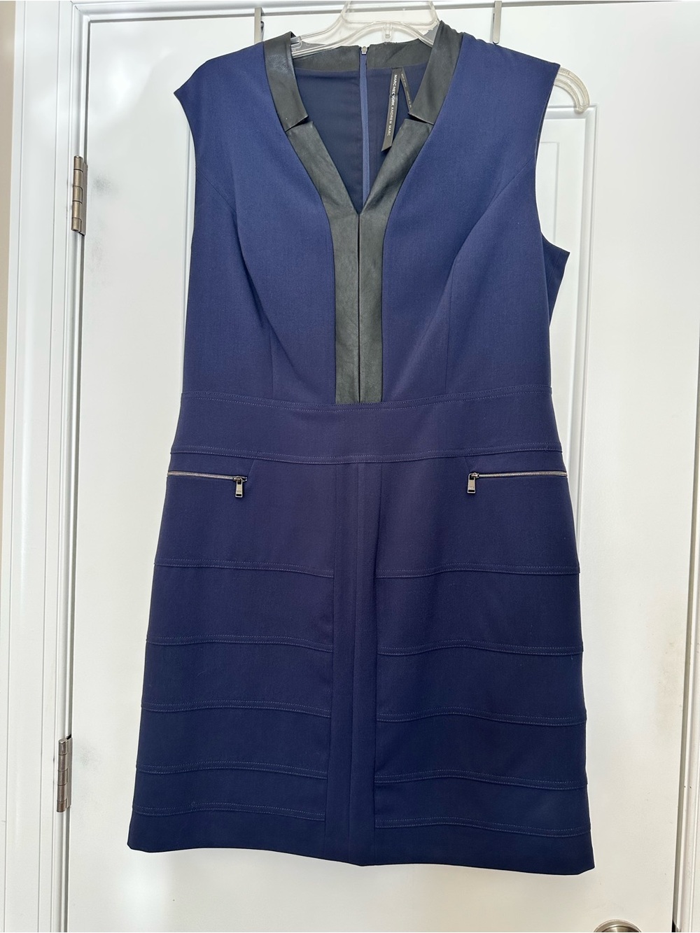 Andrew Marc Navy Mini Dress with Black Faux-Leather Trim